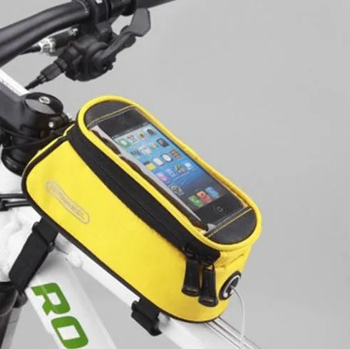 ROSWHEEL black bicycle frame bag mounted on bike, holding an iPhone, showing size scale.