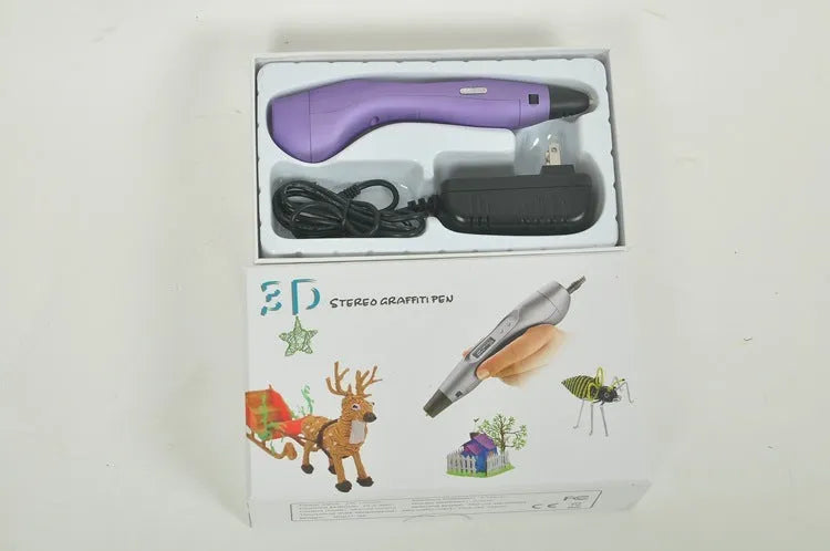 Light blue 3D printing pen with hot melt extrusion, 0.7mm nozzle, UK plug, lying on a white surface