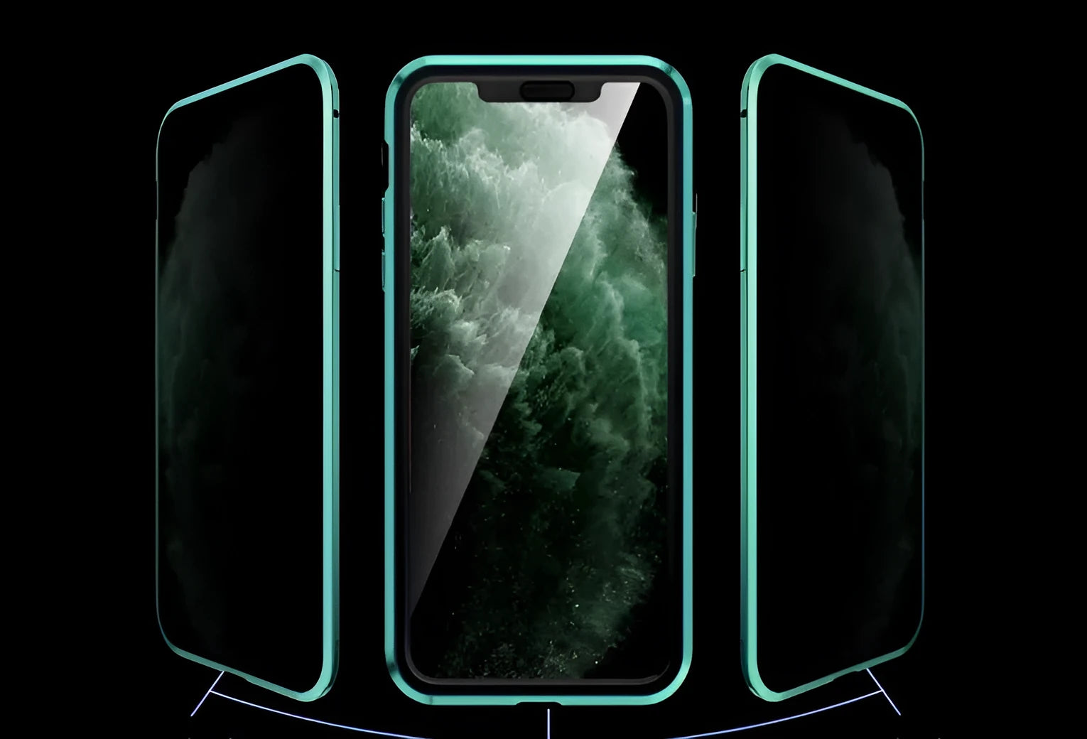 Black double-sided glass magneto clamshell case for iPhone shown open, highlighting the magnetic closure and tempered glass panels.