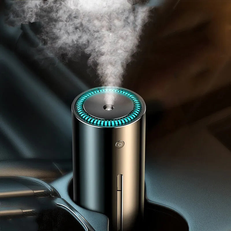 Black aluminium alloy car humidifier and air purifier with USB cable on a desk