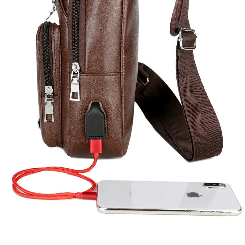 USB portable charging chest bag messenger bag small PU leather black with hardware slider front pocket
