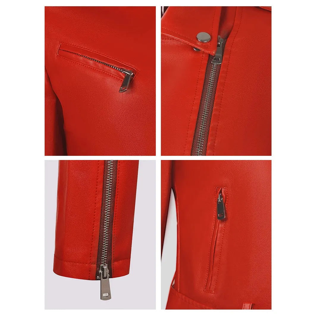 Women's black PU leather biker jacket with an adjustable waist belt, shown on a hanger.
