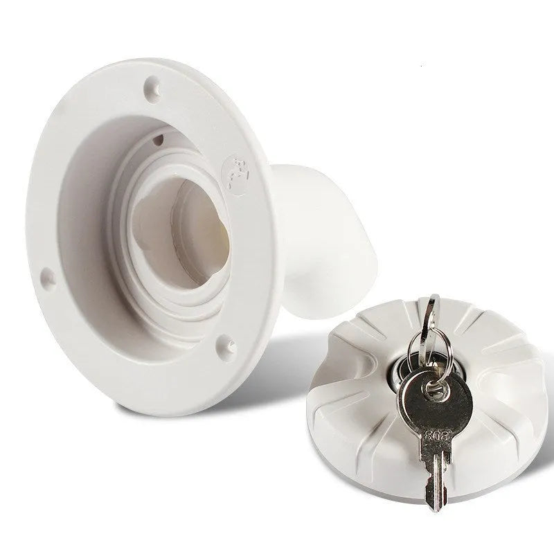 White RV gravity water filling port with 80mm mounting hole and 38mm hose connector