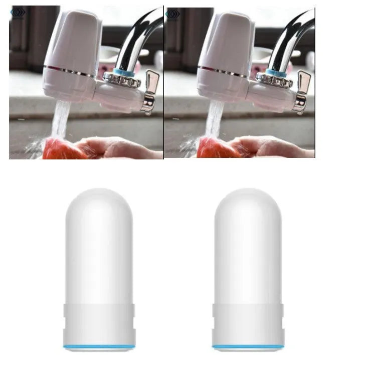 White plastic faucet water filter unit with adapters and ceramic cartridge for kitchen tap installation.