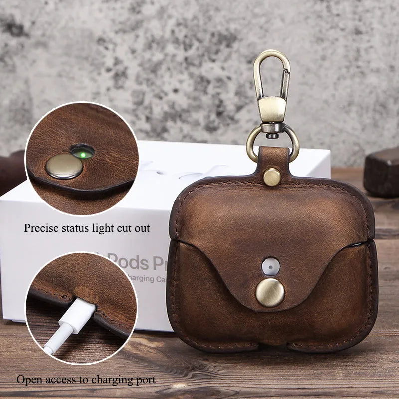 Genuine leather vintage clamshell case for AirPods Pro in brown with a crazy horse pattern texture.