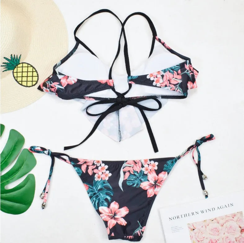 Split bikini swimsuit with print design in Graph colour, two-piece swimwear available in Asian sizes S to XL