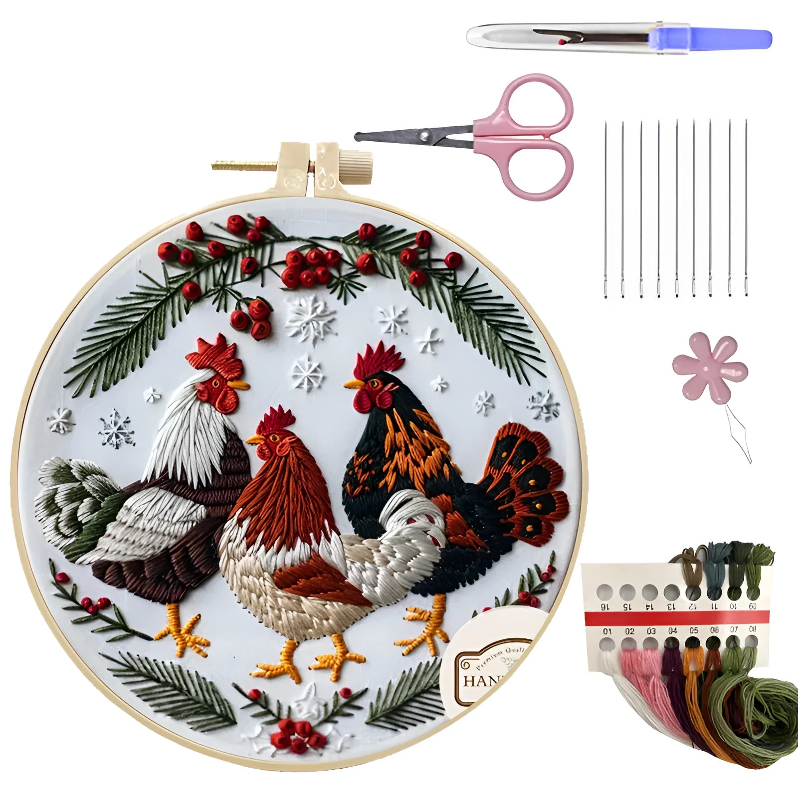 Embroidery kit with 15cm bamboo frame, pink scissors, thread remover, and three chickens cartoon anime design on cotton linen fabric
