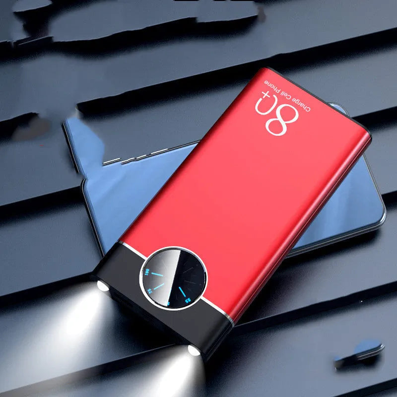 Black fast charging power bank with alloy shell showing LED light and charging ports