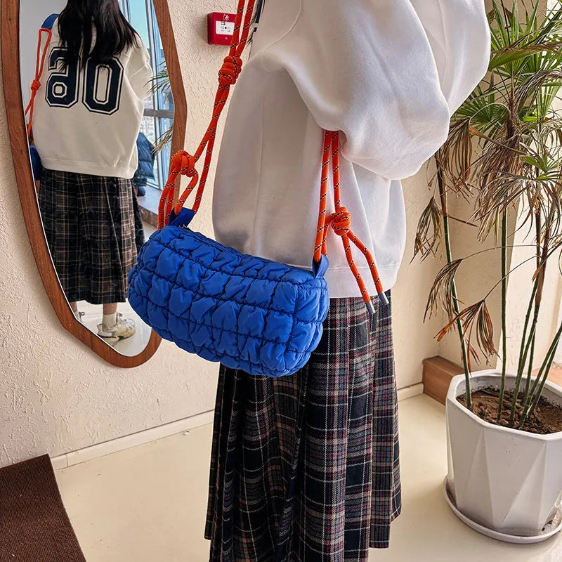 Women's lightweight nylon messenger bag in pillow shape with rhombus pattern and single shoulder strap