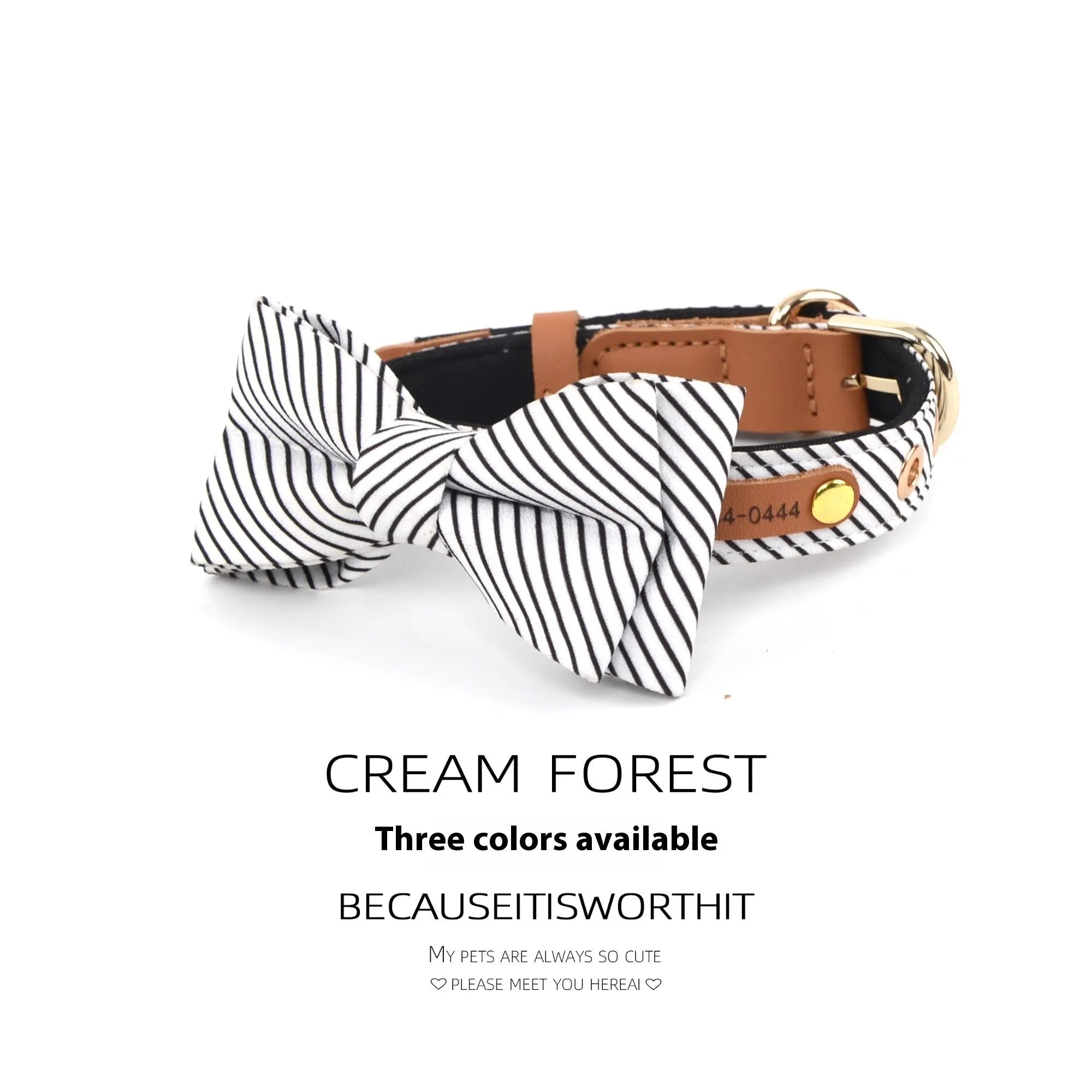 Soft cotton dog collar with detachable bow shown in dark blue, wine red, and white colour options.