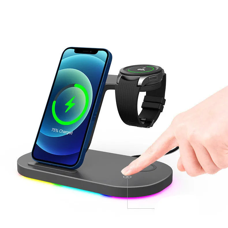 White three-in-one wireless charger showing phone, watch, and headphone charging pads with a Type-C cable.