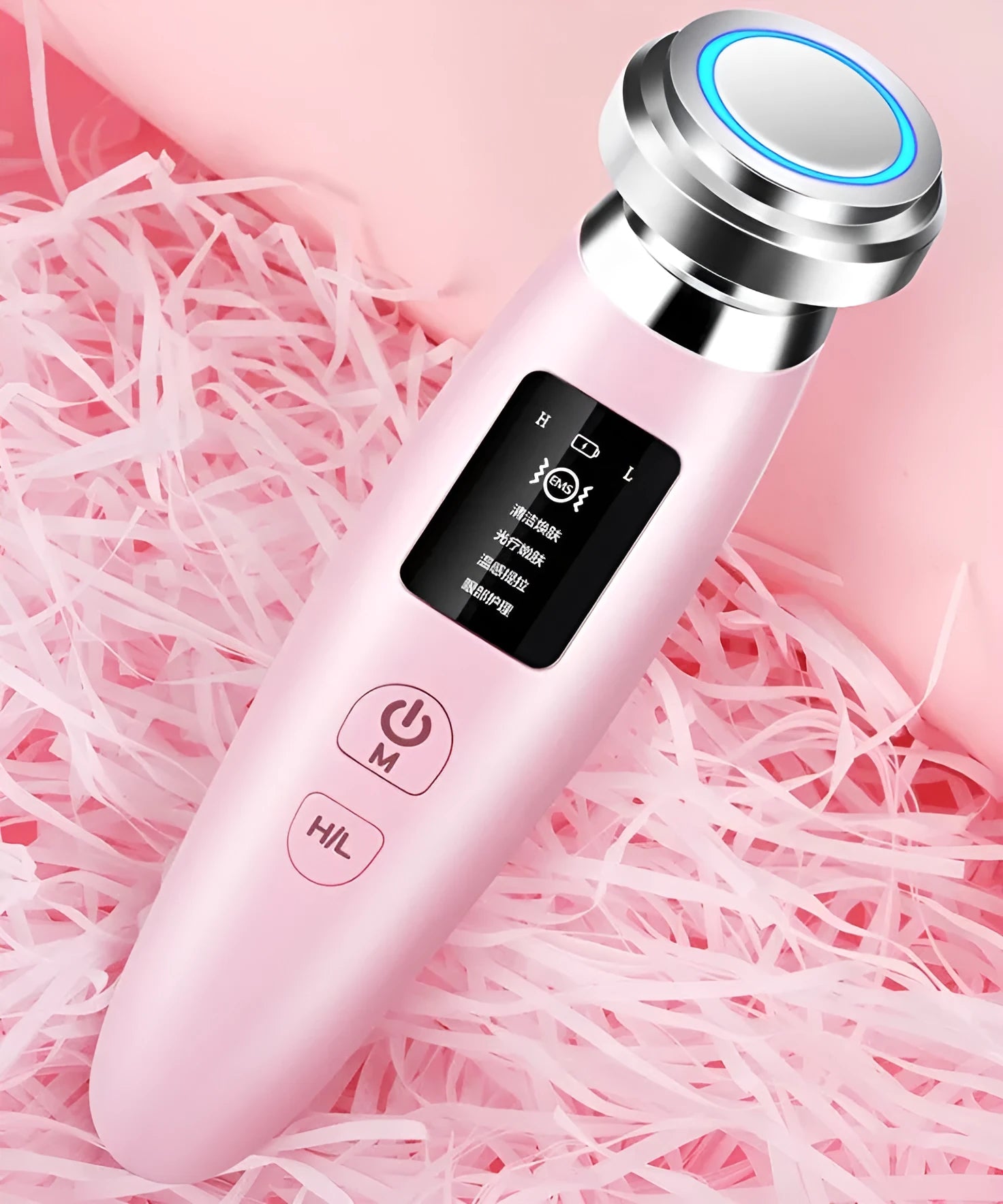 Pink cleansing and rejuvenation beauty instrument measuring 185mm long