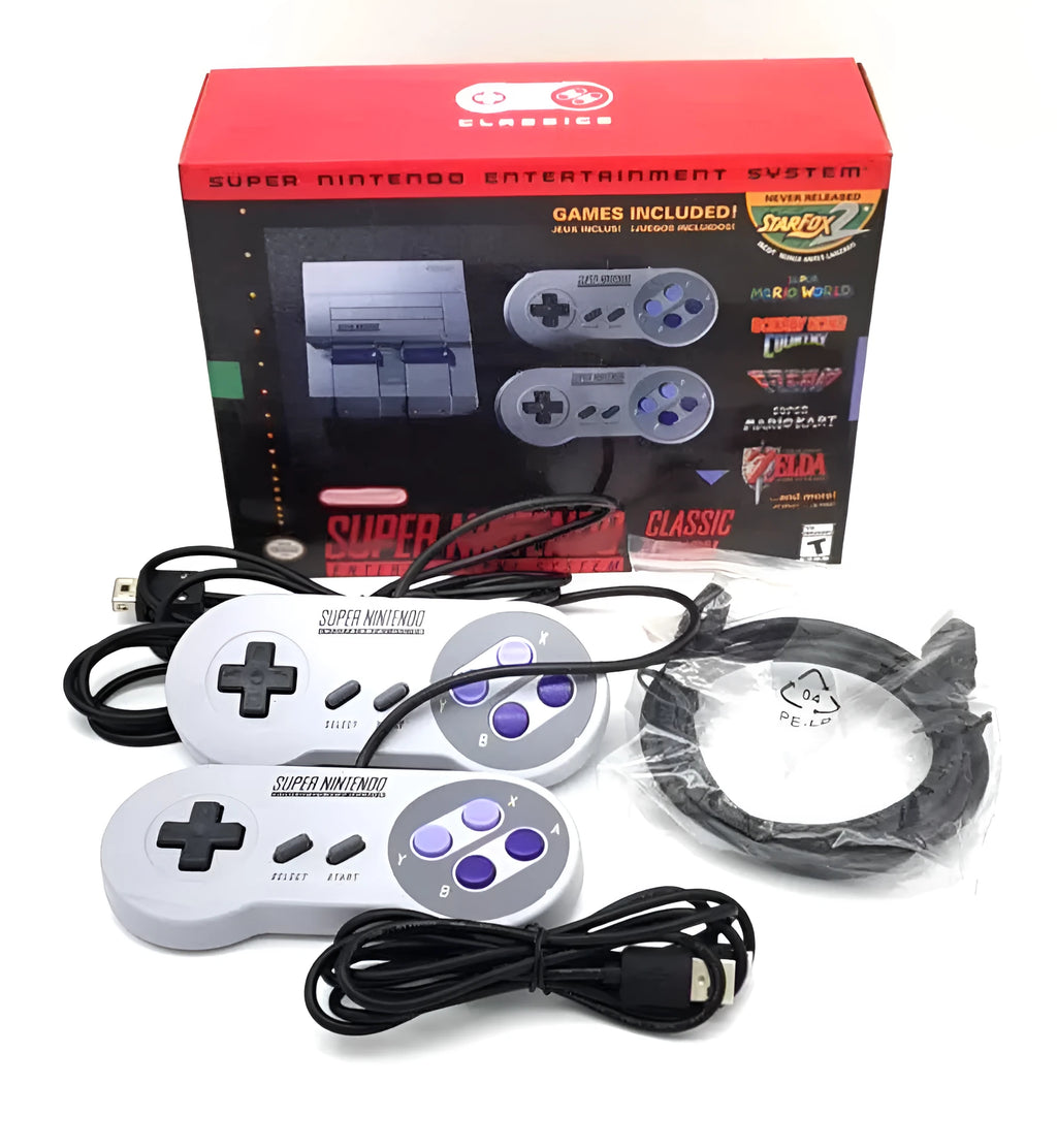 SNES mini game console replica in black with two wired controllers and HDMI cable