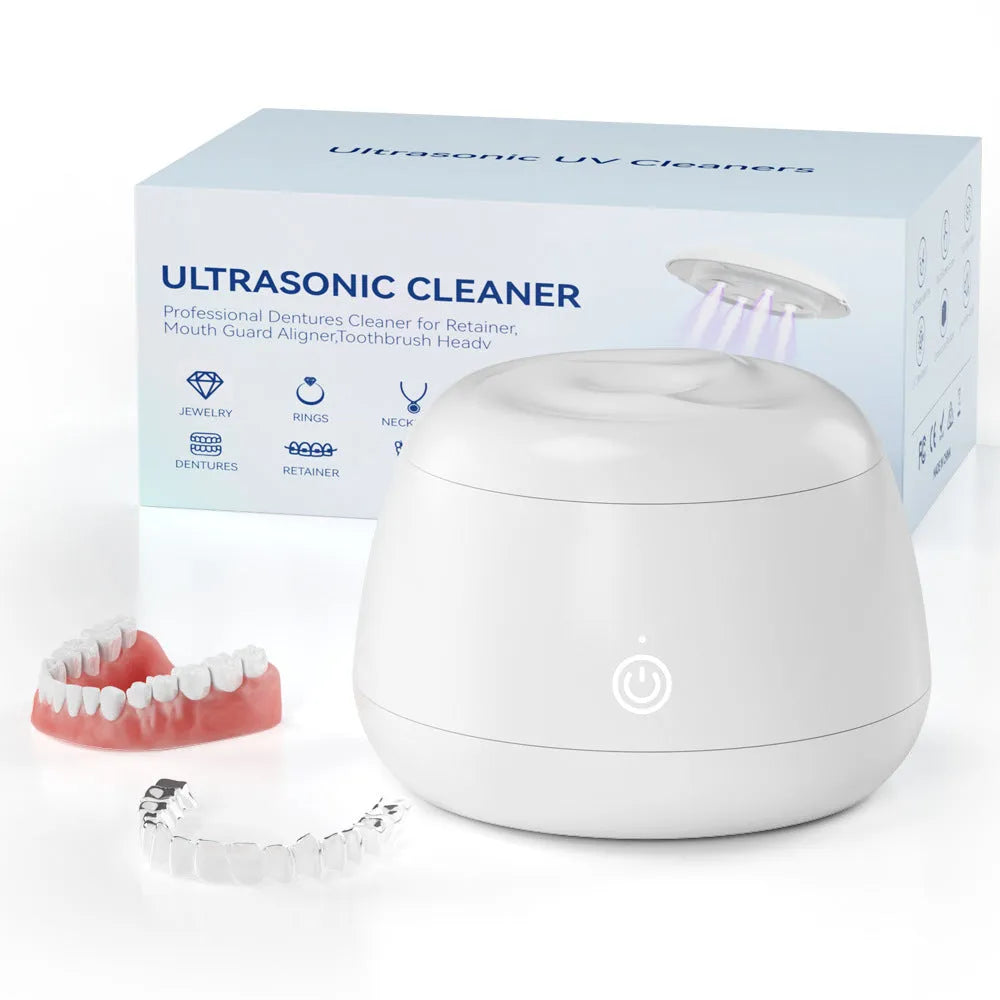 Plastic ultrasonic portable denture cleaner in white with 300ml tank and USB power cable