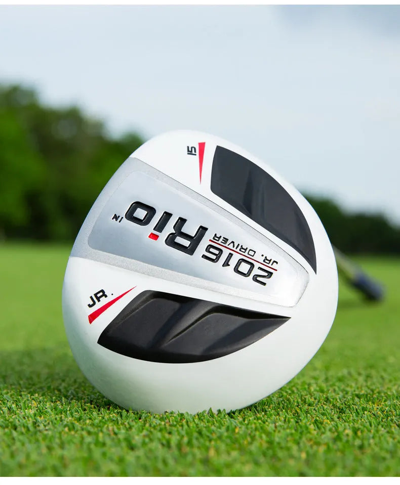 Children's golf club set featuring a forged aluminium driver, two iron poles, a putter, and a ball bag on a grassy field