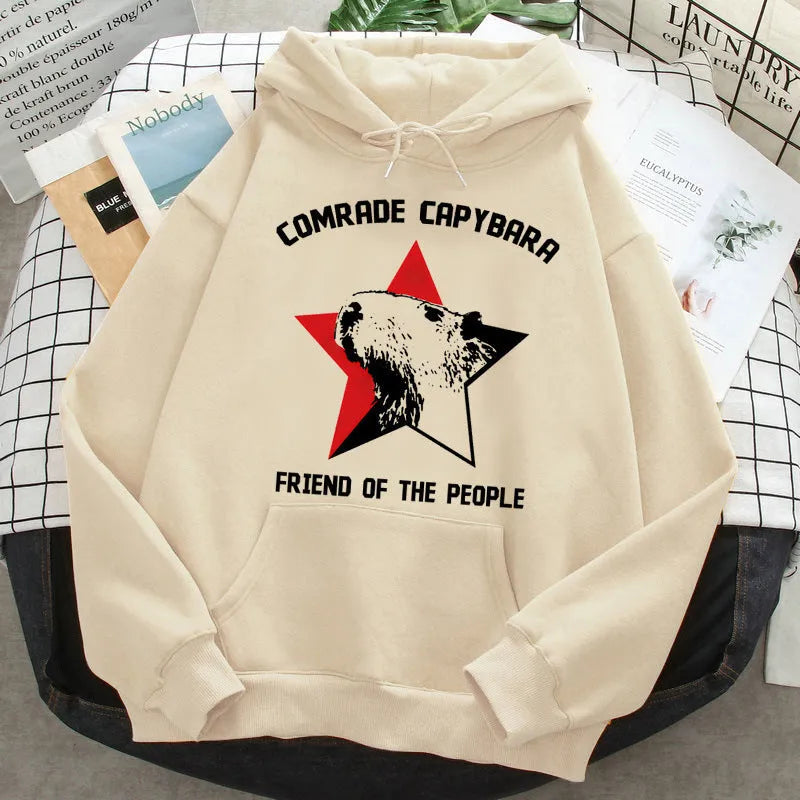 Grey capybara hoodie for women Korean hip hop anime harajuku casual pullover with hood and side pockets on model