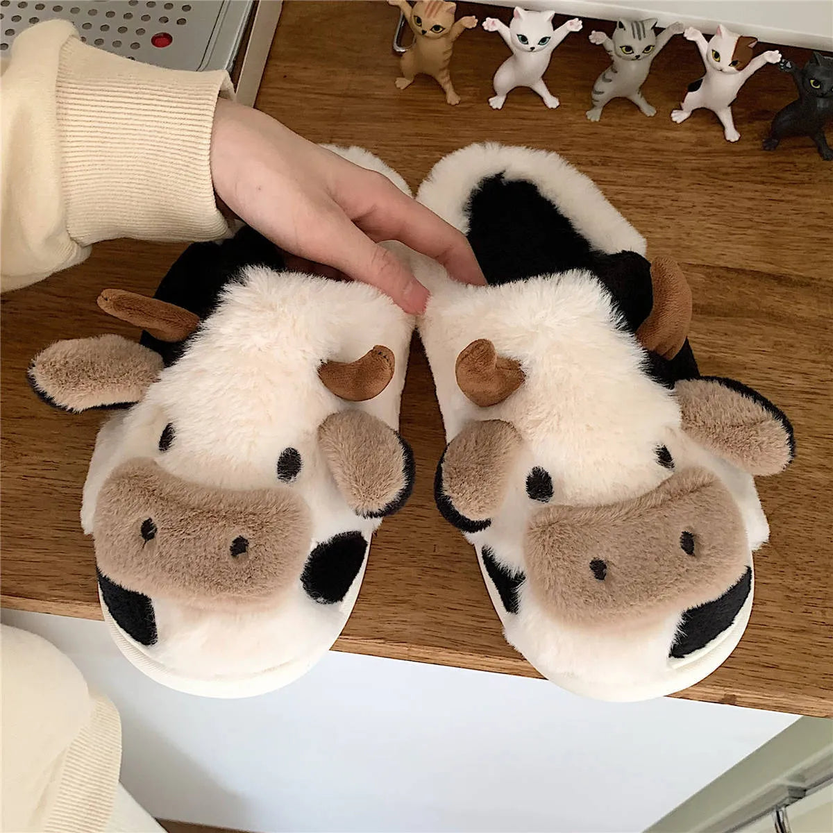White cow animal slippers with plush faux fur and textured anti-slip soles