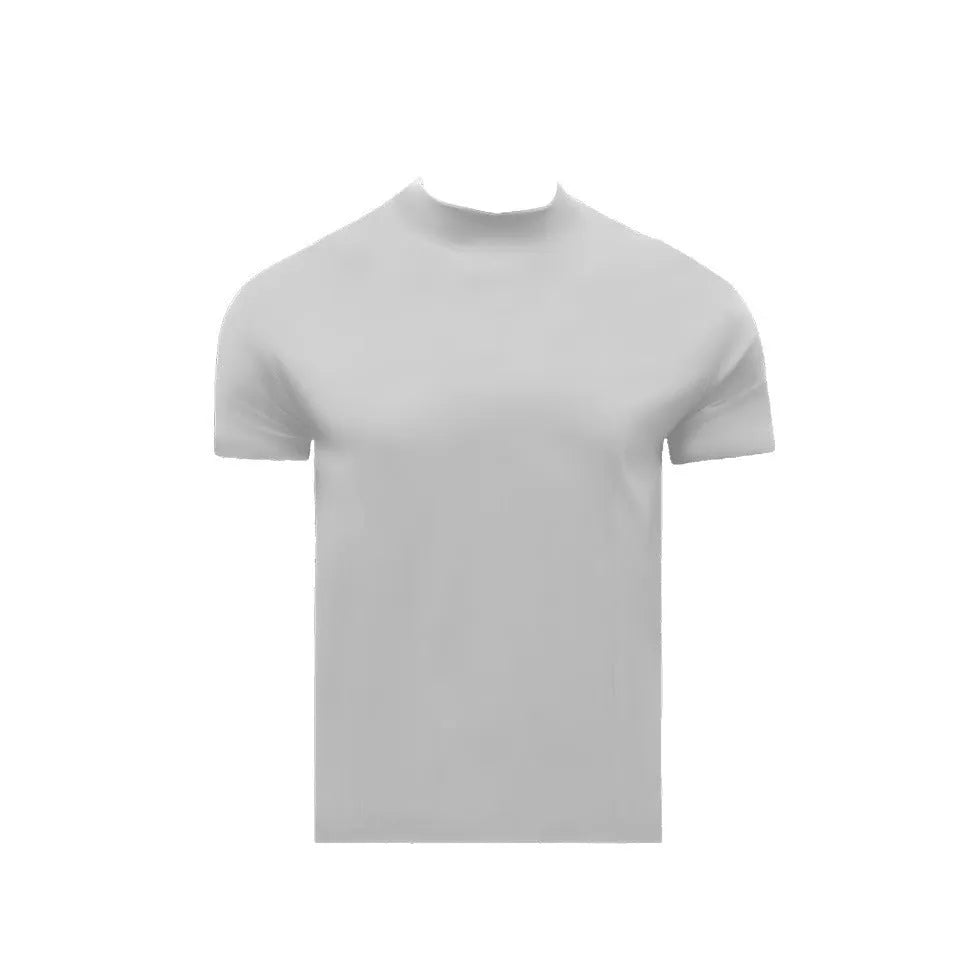 Man wearing a loose-fit grey cotton short-sleeve t-shirt with a half turtleneck cuff shoulder detail.
