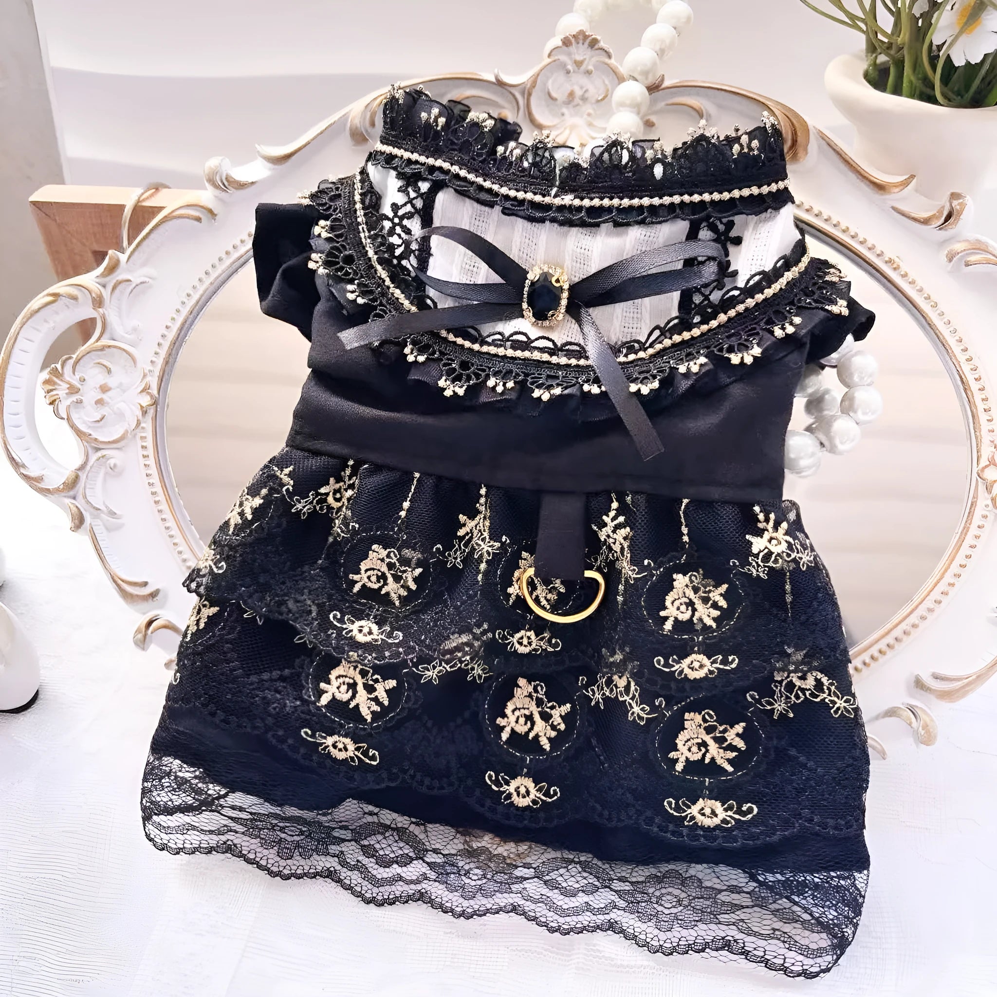 Golden gothic-style skirt costume on a small dog, showing the full princess silhouette and detailed sizing.