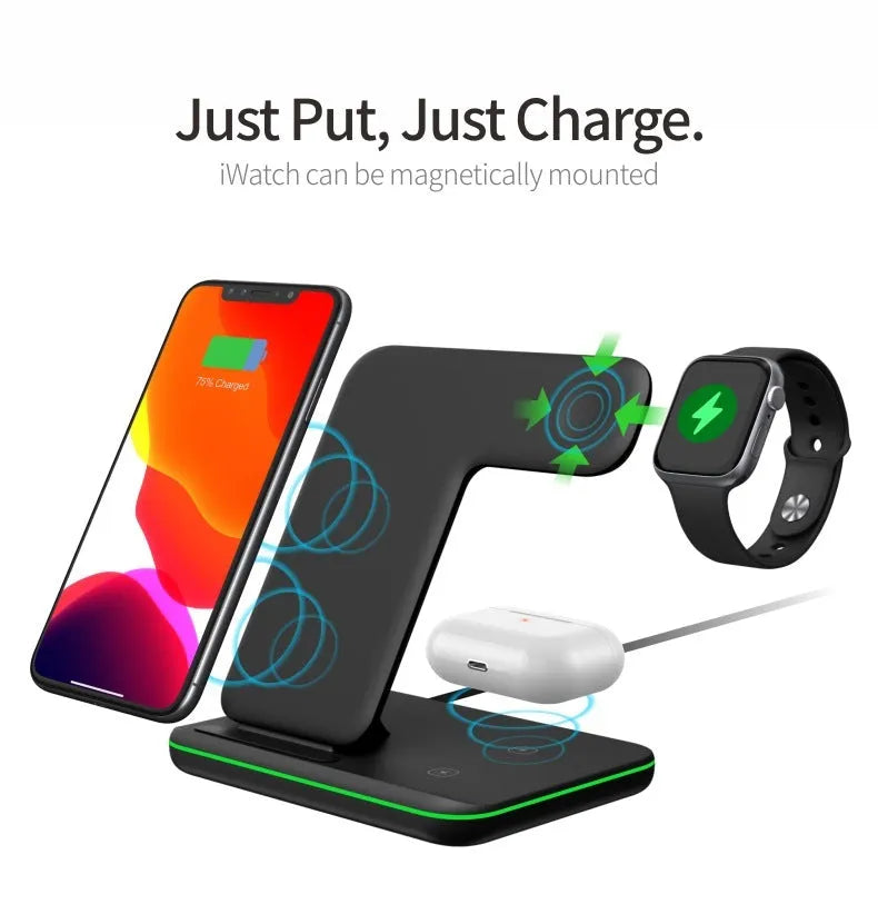 White 15W three-in-one wireless charging stand for mobile phone, smartwatch and headset on a desk.