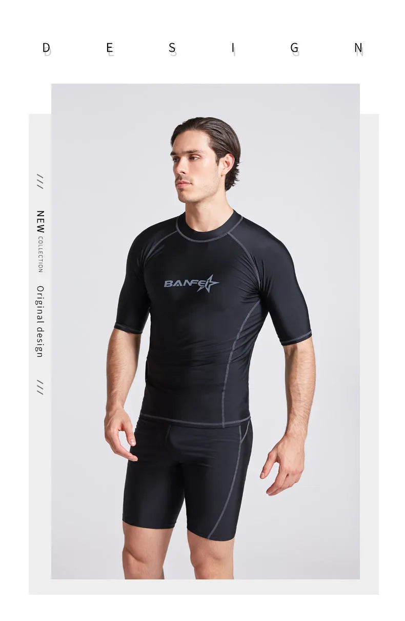 Men's quick-drying half sleeve nylon wetsuit top and pants for snorkelling and surfing