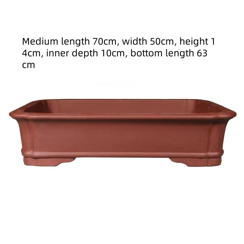 Handmade purple clay rectangular bonsai pot showing three size options for indoor plant display