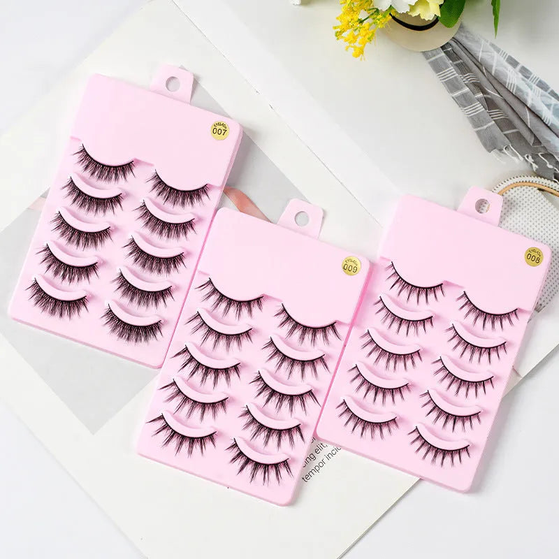 Manga cosplay false eyelashes in natural wispy styles 007, 008, and 009 with black plastic terriers
