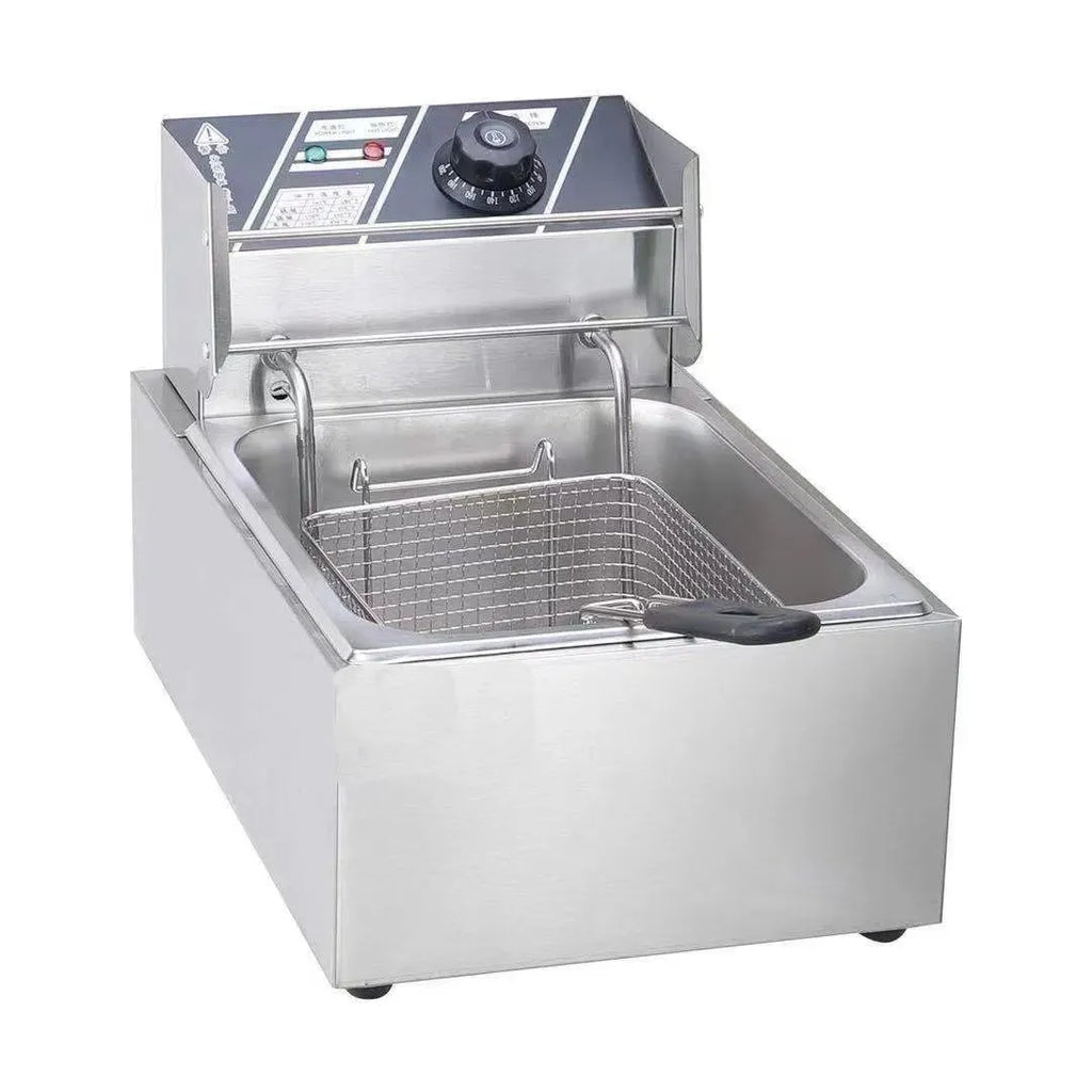 Commercial stainless steel deep frying pan with temperature control, oil tank, and two frying baskets