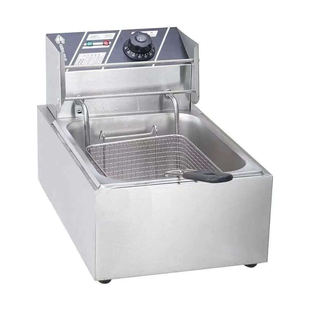 Commercial stainless steel deep frying pan with temperature control, oil tank, and two frying baskets