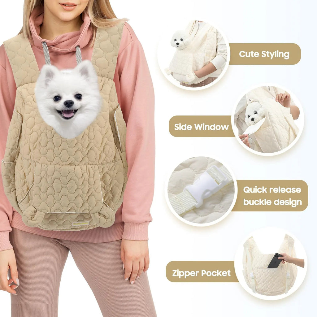 Dark khaki portable pet chest bag with large capacity, shown from the front.