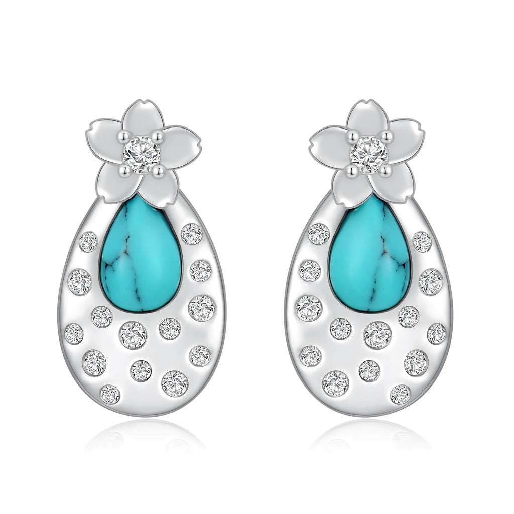 Turquoise cherry blossom 925 sterling silver stud earrings with cubic zirconia, white gold plated