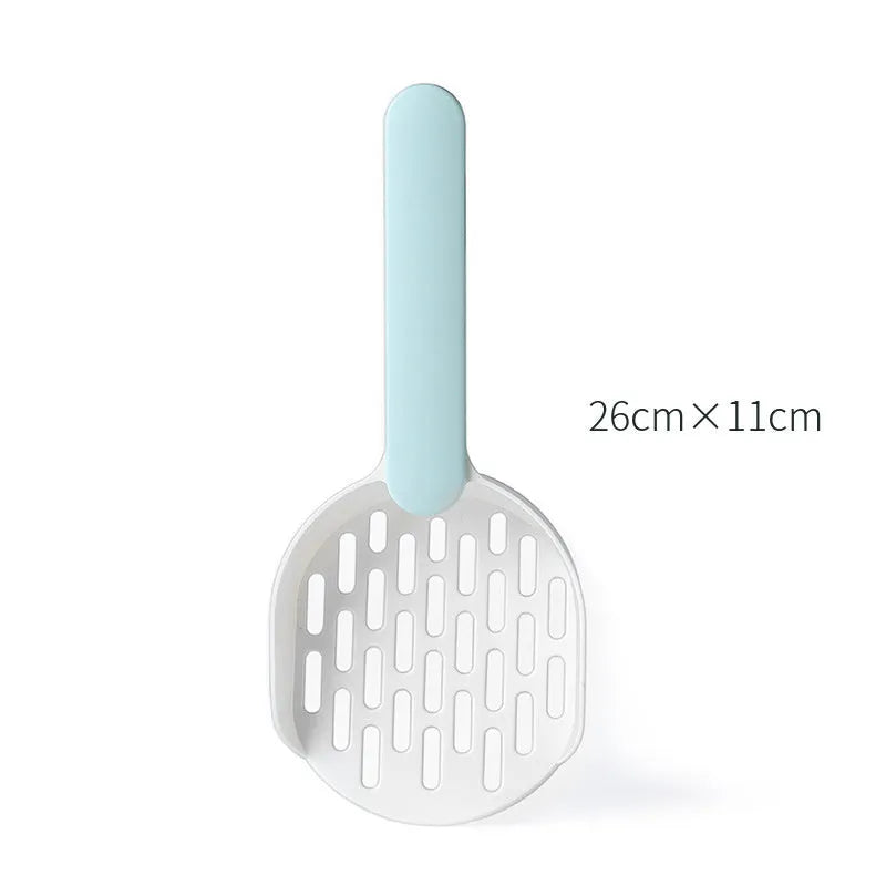 Blue plastic cat litter shovel on a white background showing its size and scoop shape.