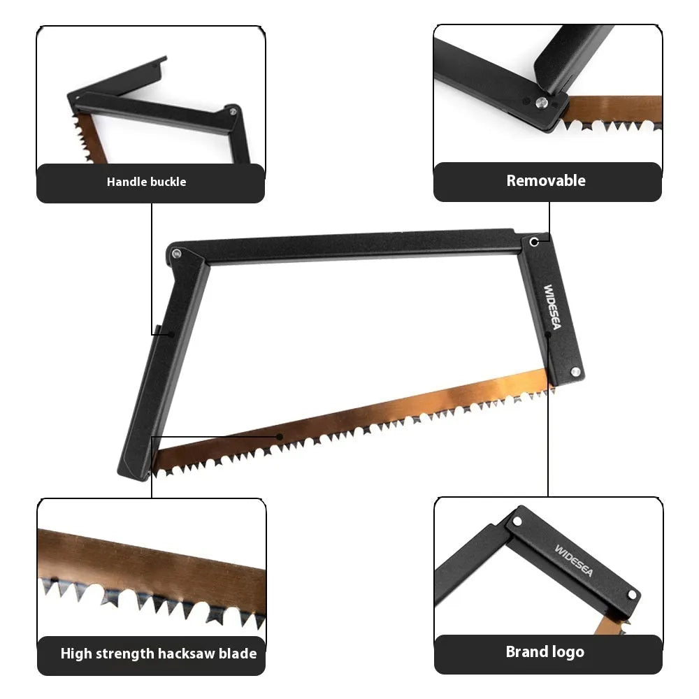 Black foldable outdoor saw with aluminium frame and nylon handle, blade folded for storage.