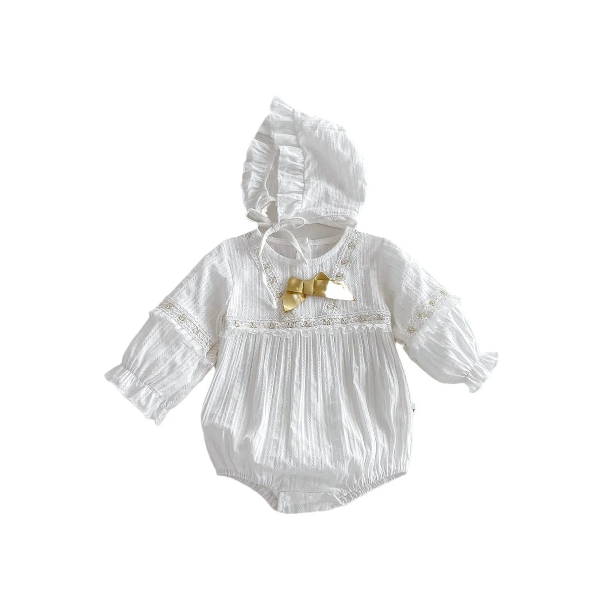 White infant Korean style cotton triangle jumpsuit romper with removable hood for girls