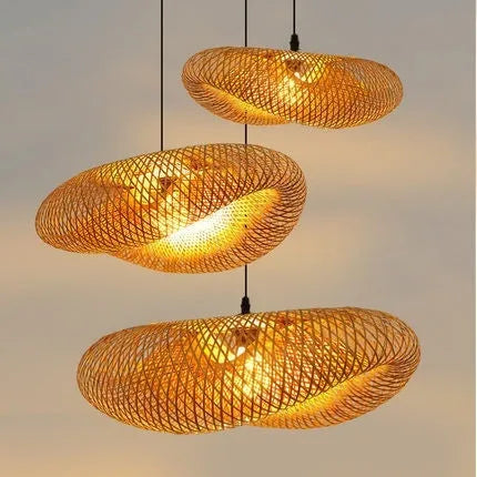Natural woven bamboo straw hat-shaped pendant ceiling lamp with open weave, shown suspended.
