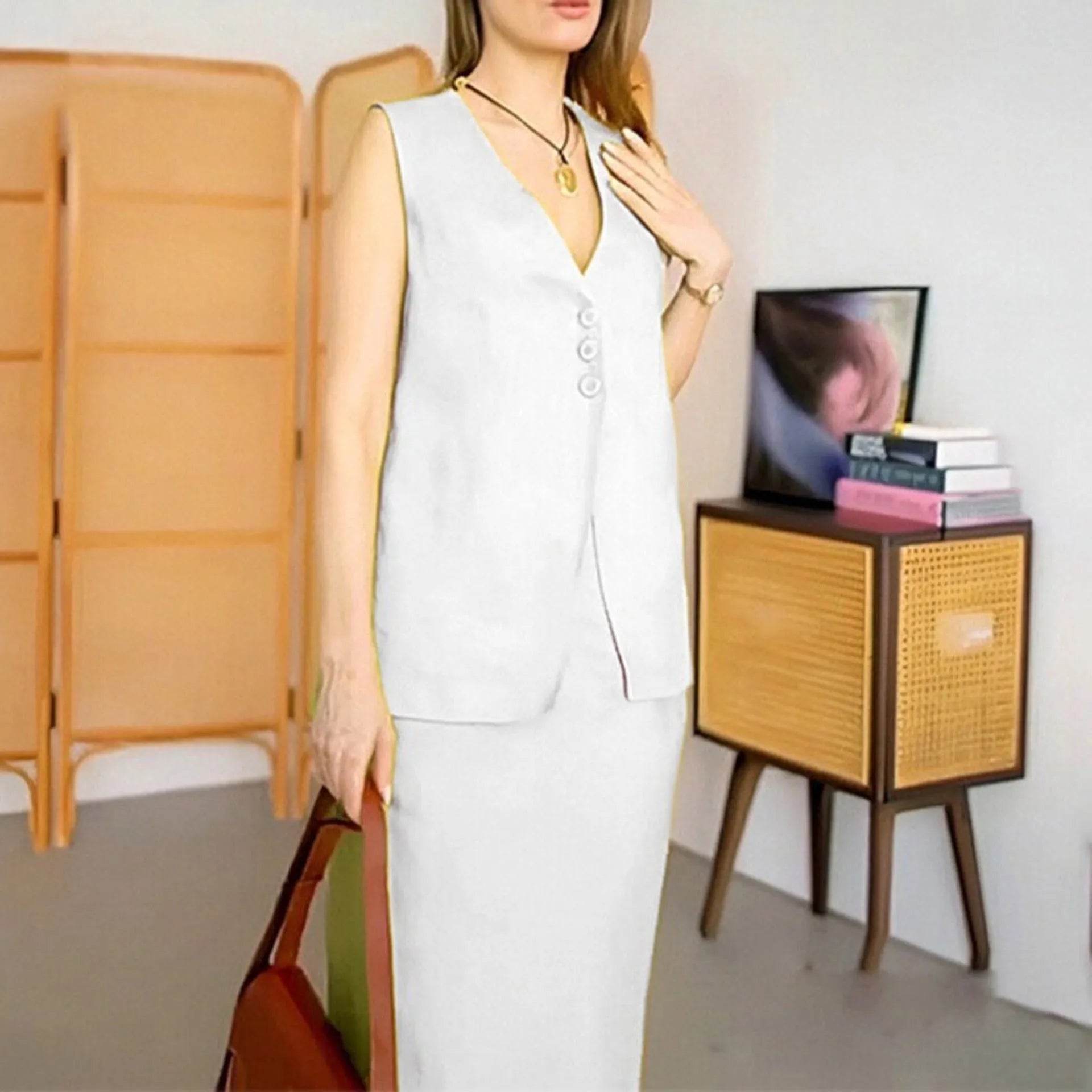 Women's casual sleeveless vest and long skirt two-piece suit in blue, yellow, or white polyester.