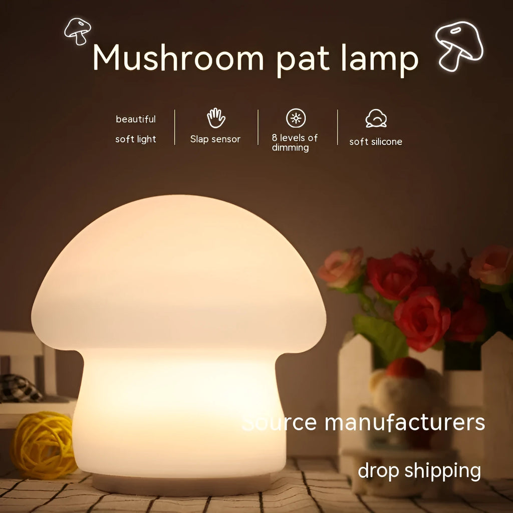 Household electric mushroom small night lamp in white silicone with USB cable