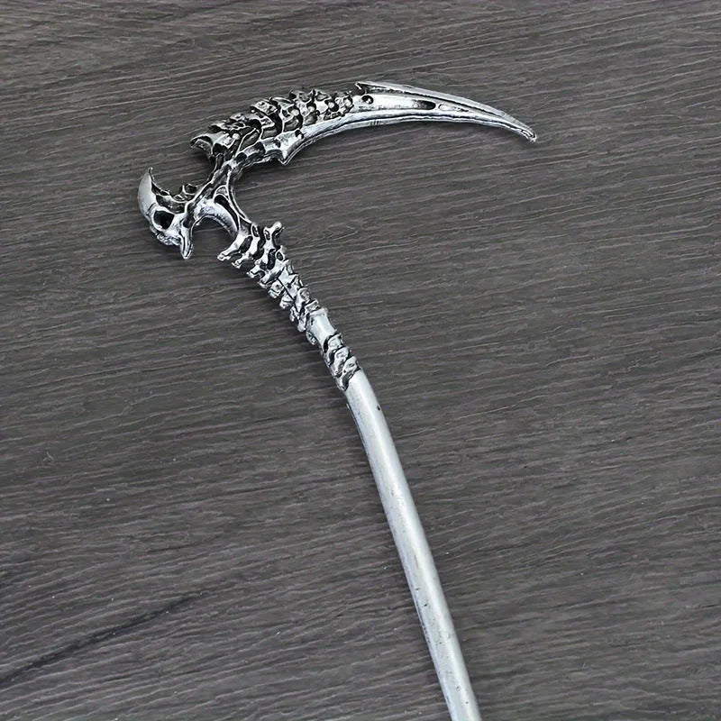 Geometric retro skull sickle hairpin in ancient silver electroplated finish on neutral background