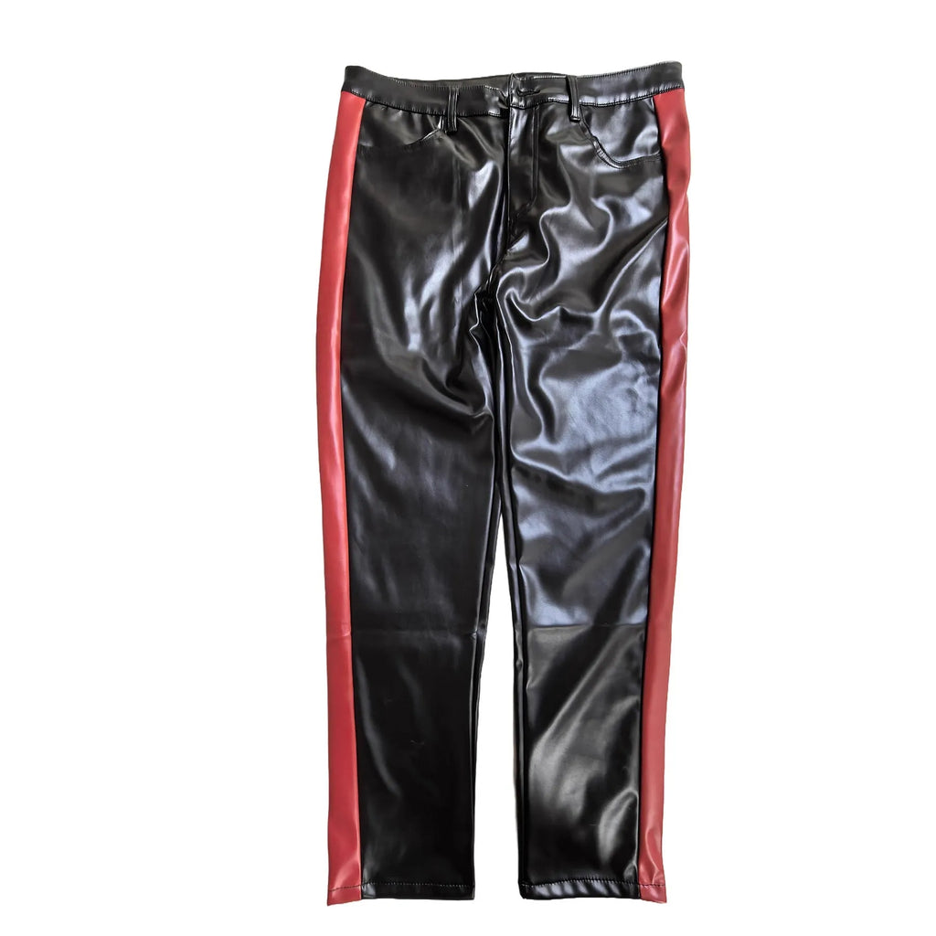 Trendy black PU leather skinny motorcycle trousers for women, cropped mid-rise, button fly, nightclub wear