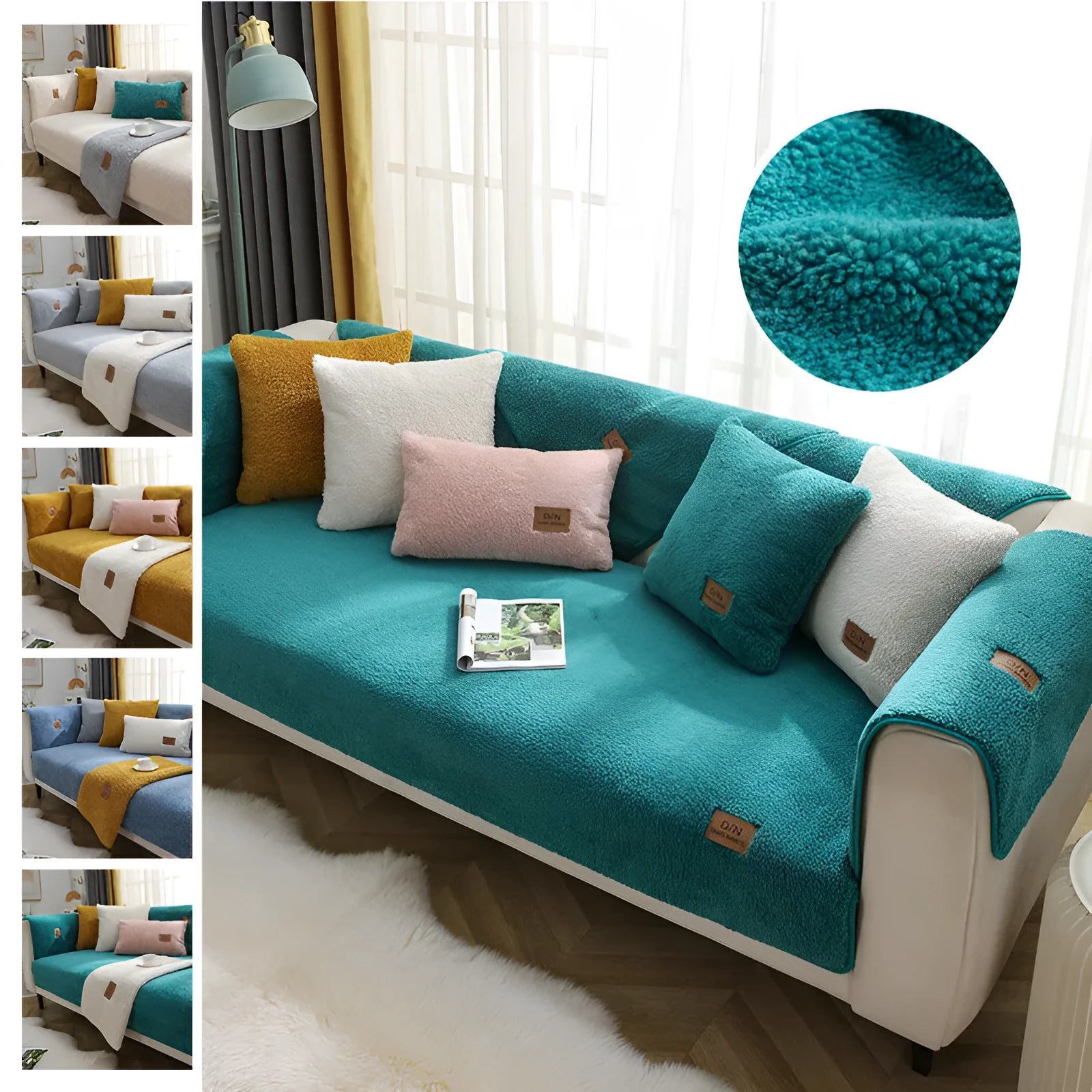 LELLEN beige plush sofa cover with anti-slip silicon rubber backing on a modern grey sofa