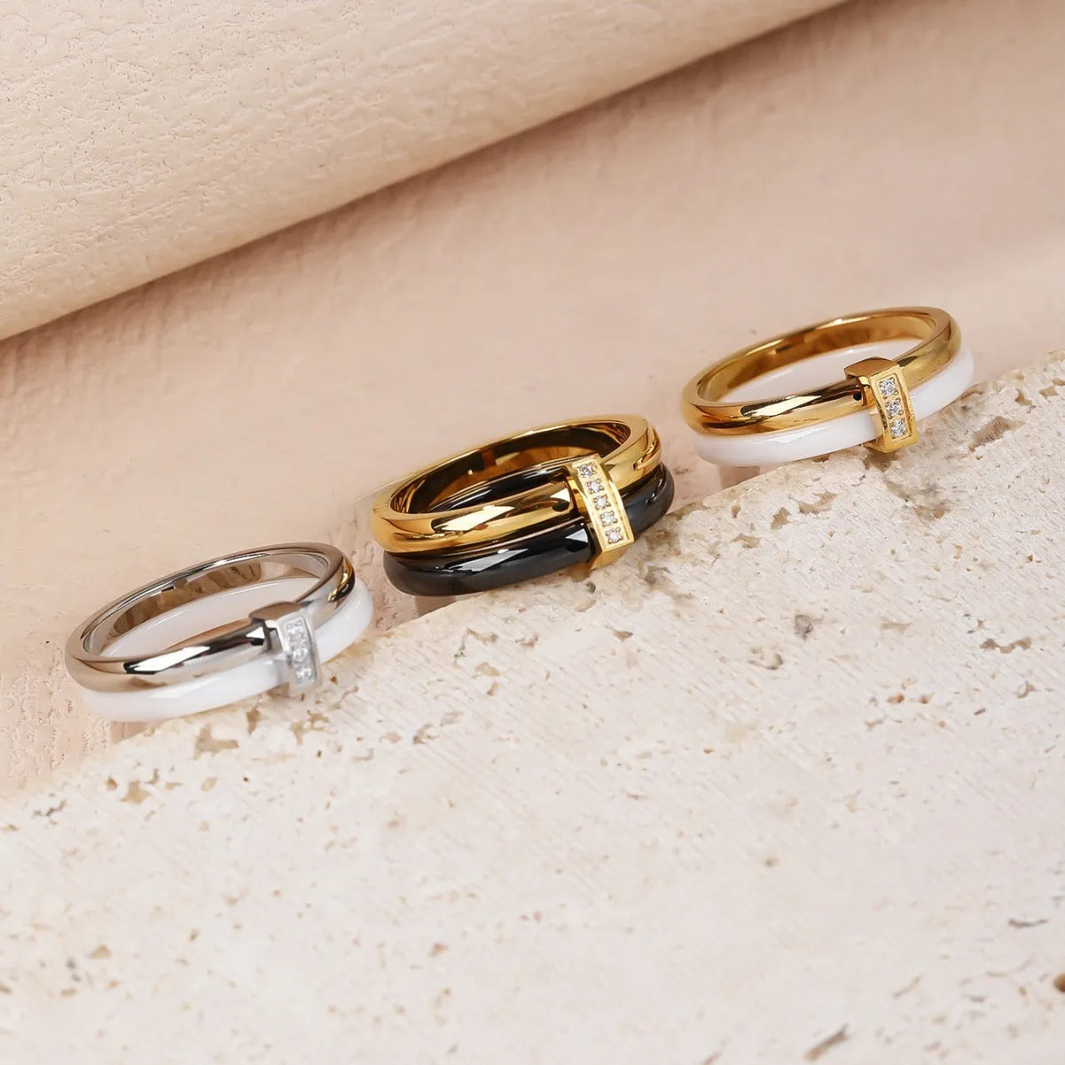 Women's titanium steel heart-shaped double ring with inlaid zirconium stones in gold black finish