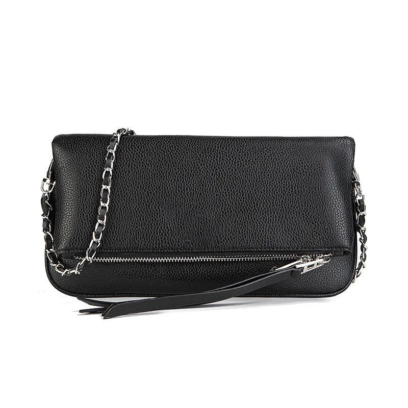 Women's black chain folding clutch messenger bag with detachable strap and gold hardware