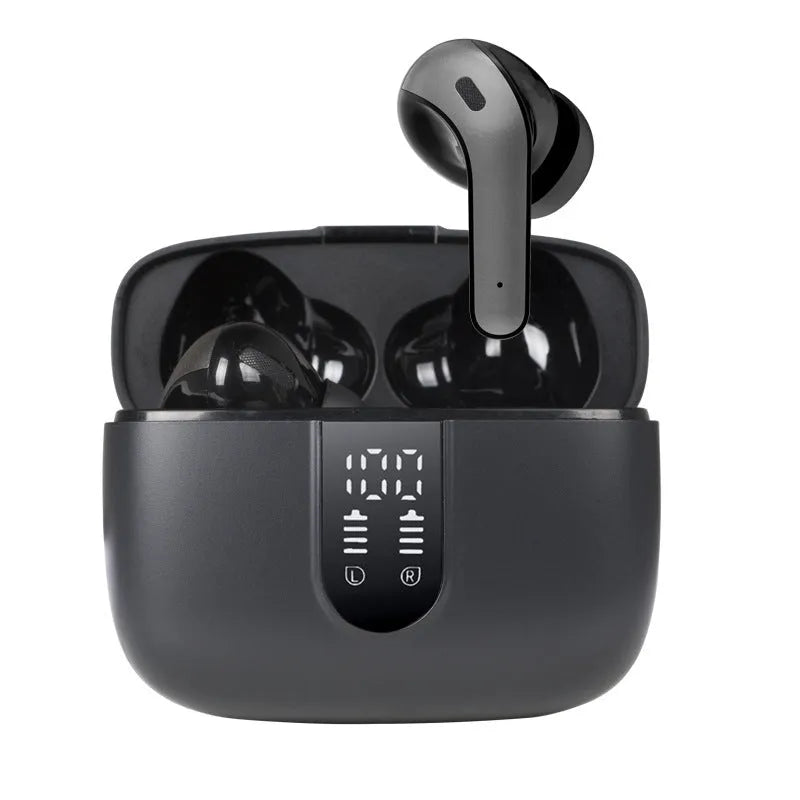 Jerry X08 wireless in-ear Bluetooth headset with digital display and charging case in Black, Grey, or White colour.