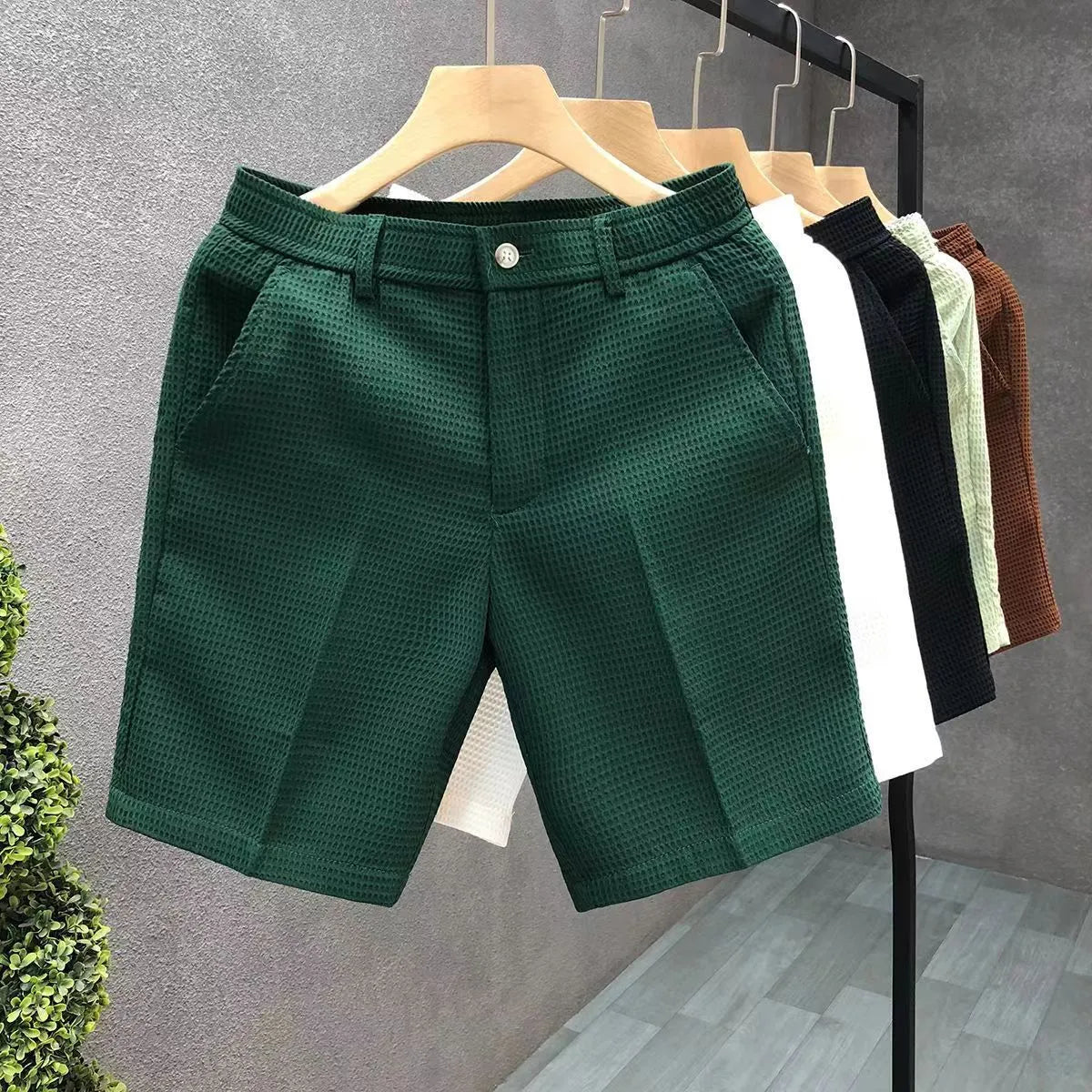 Men's thin cropped straight-leg trousers in black, high elasticity mid waist summer pants
