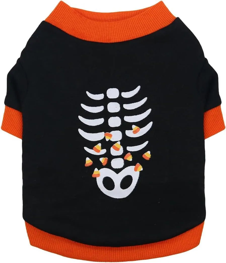 Orange dog skeleton costume sweatshirt with ribbed collar on small breed dog