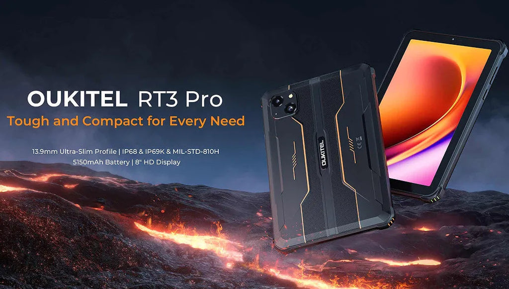 RT3 PRO mobile phone in orange, grey and green colour options with included charger