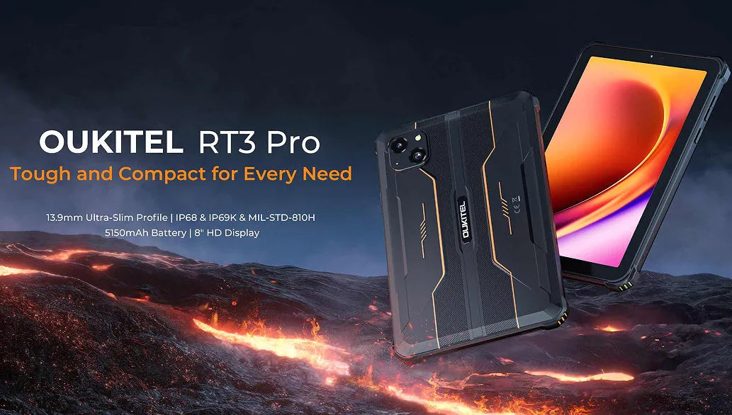 RT3 PRO mobile phone in orange, grey and green colour options with included charger