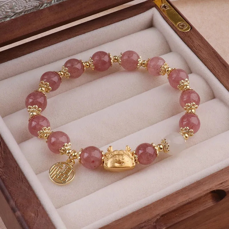 Women's floral glazed bracelet with zodiac animal charm in red, pink or white bead colours