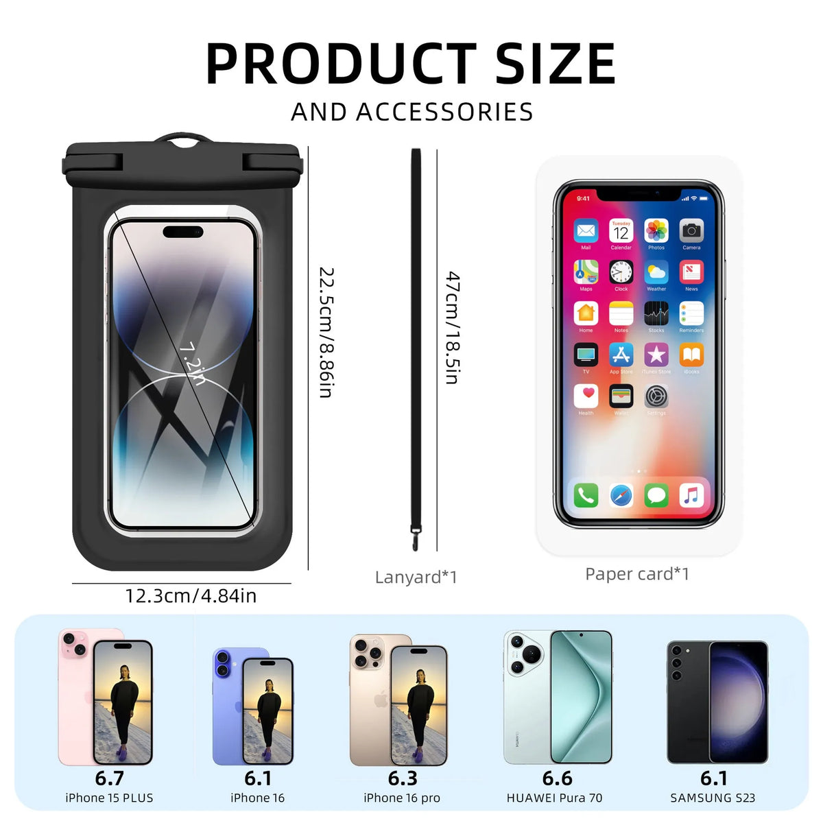 Outdoor mobile phone waterproof bag in blue PVC for swimming diving with touch screen window