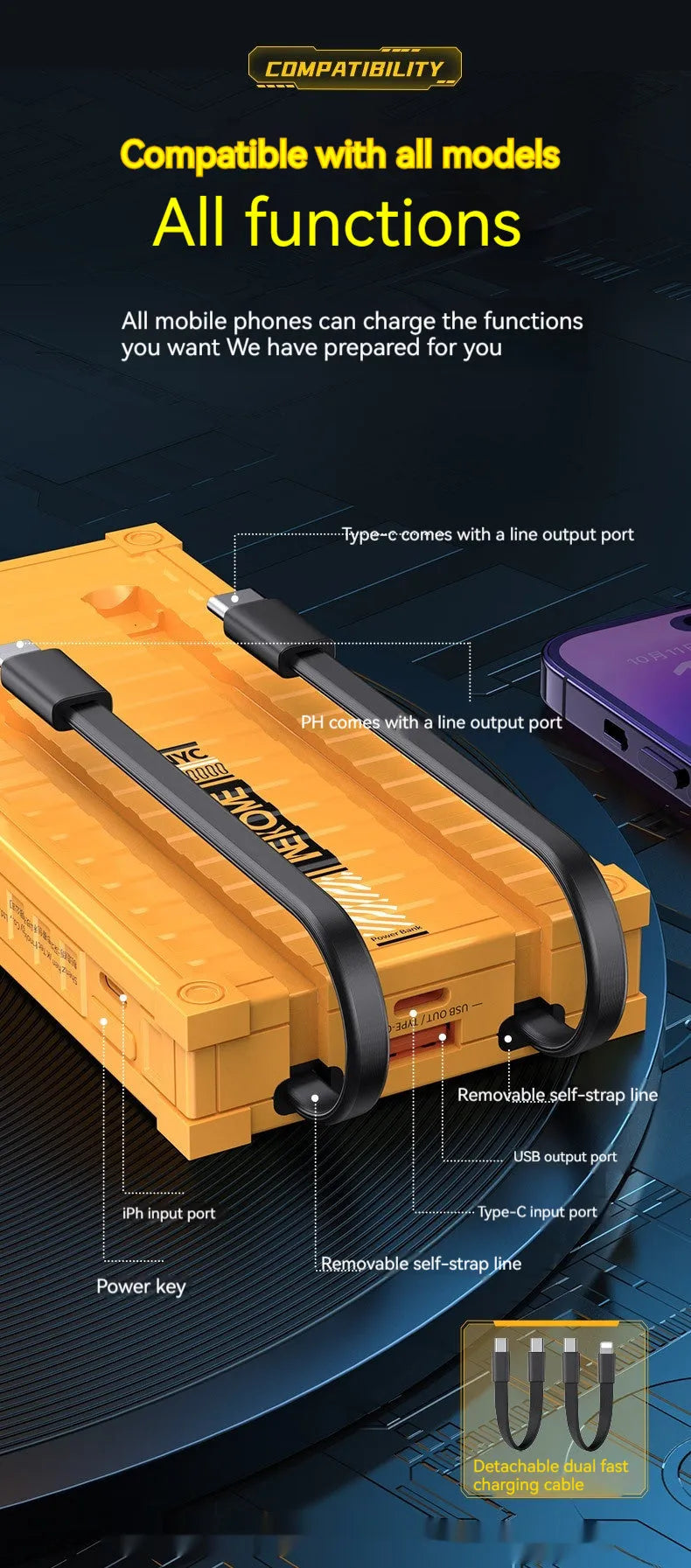 Cable container power bank in silver or yellow, 10000mAh and 20000mAh options, ABS+PC shell